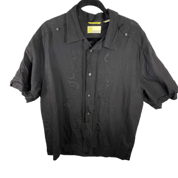 Cubavera Mens Sz L Button Down Shirt Black Linen Subtle Print Long Sleeve Accent - Picture 1 of 10